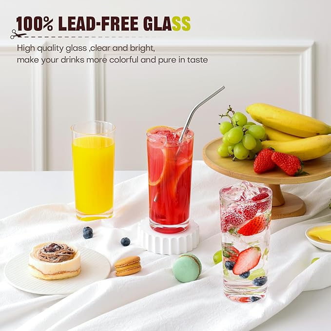 Highball Glasses Set of 6, 16oz Tall Drinking Glasses, Water Glass for Kitchen, Tom Collins Glasses, Mojito Glass Cups, Cocktail Glasses for Bar Glassware