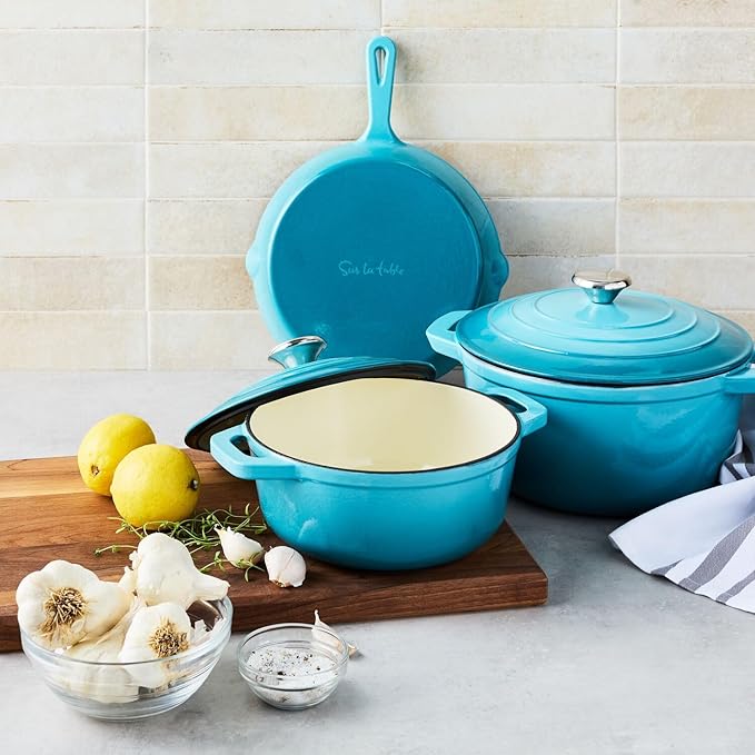 Sur La Table Enameled Cast Iron Cookware Set – Includes 5-Qt & 2.5-Qt Dutch Ovens with Lids and 10" Skillet, Oven to 500°F, Induction Compatible, Essential Starter Gift Set, Light Blue