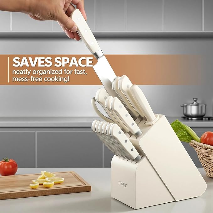 TIVOLI Knife Block Set, 15 PCS Kitchen Knife Set with Block & Sharpener Steel & Kitchen Scissor, High Carbon Stainless Steel Cutlery Knife Set, Ergonomic Wood Handle, Gifts For Cooks, Cream White