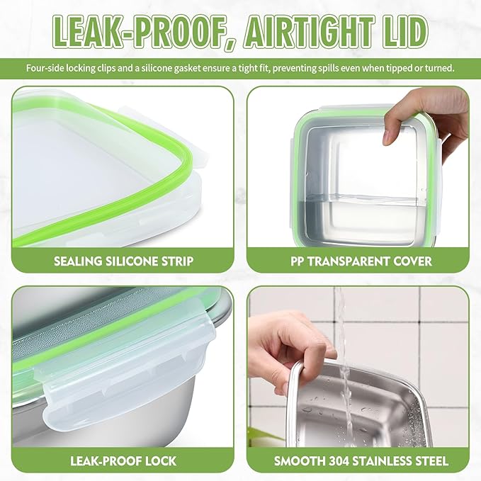6 Pack Stainless Steel Food Storage Containers with Leak-Proof Lids, 2 Sets (12/24/40 oz) Reusable Metal Meal Prep Lunch Boxes, BPA-Free, Dishwasher Safe for Sandwich, Snacks & Fruit (Green)