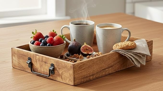Wooden Decorative Serving Tray with Metal Handles | Wood Trays for Breakfast in Bed, Lunch, Dinner, Appetizers, Patio, Ottoman, Coffee Table, Party (15" X 11" x 2.75")