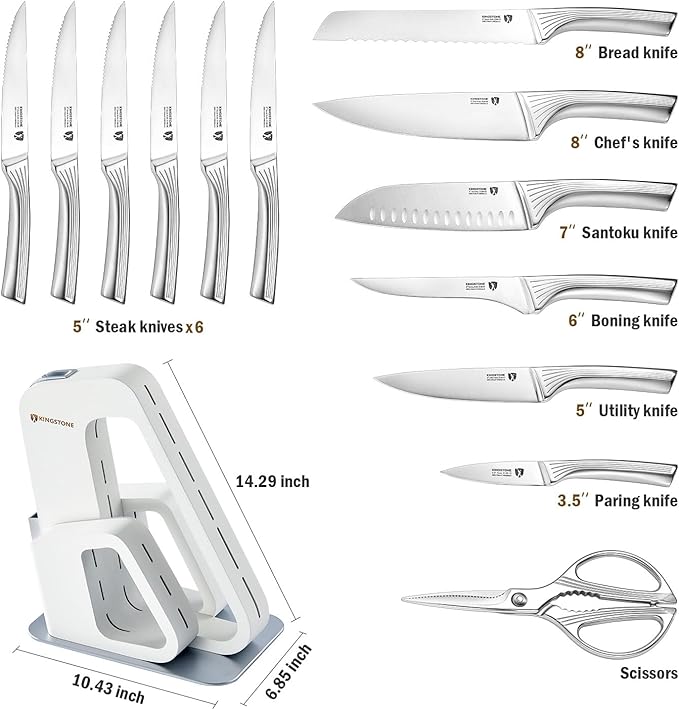 KINGSTONE Kitchen Knife Set with Block,14 Pcs German Stainless Steel Knife Set with Built-in Sharpener, Dishwasher Safe Knife Block Set (White, 14pcs)