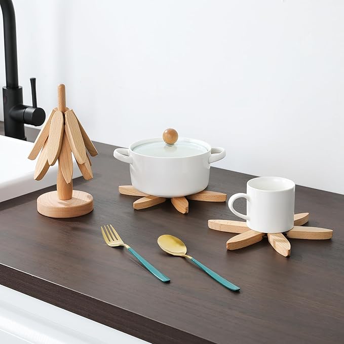 Wooden Trivets for Hot Dishes, Tree Shape Trivets Set, 5 Wooden Trivet + 1 Stand Stored Like a Tree, Beech Wood Trivet for Hot Pots, Pans, Bowl, Teapot, Practical The Kitchen Counter