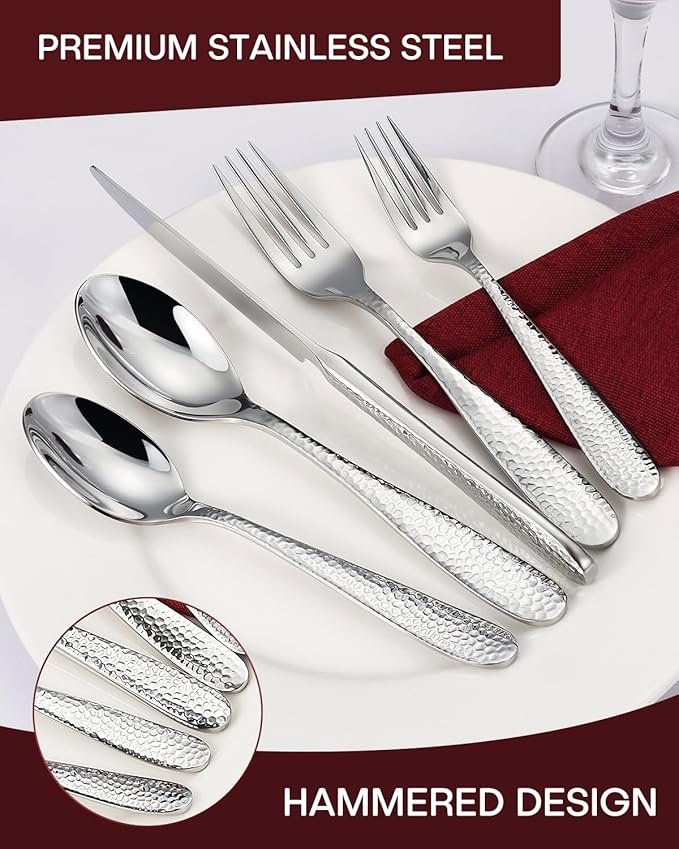Hammered Silverware Set, EUIRIO 30-Piece Heavy Duty Cutlery Set for 6, Stainless Steel Flatware Set, Food-Grade Utensil Sets Includes Spoons Forks and Knives, Mirror Finish Dishwasher Safe