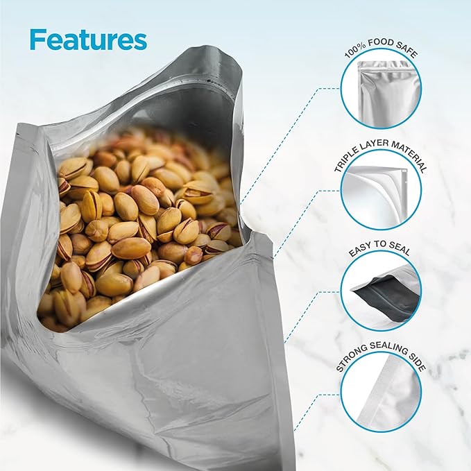 BELLE KR® 30 Pcs 5 Gallon Mylar Bags With Oxygen Absorbers - Perfect Size for Bucket - 11 Mil Thick - With Sticker Labels and Closure Clip - Smell Proof, Zipper Closure Heat Resealable Large Mylar Bag