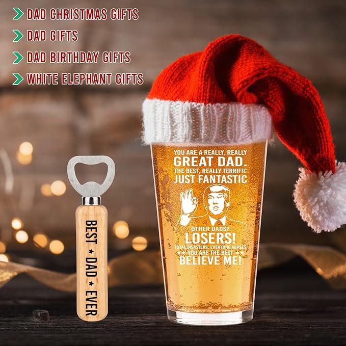 Father's Day Gifts For Dad: Funny Father's Day Beer Glass Gift Set With Wooden Bottle Opener & Greeting Card - Cool Unique Birthday Gift Idea Gifts For Dad