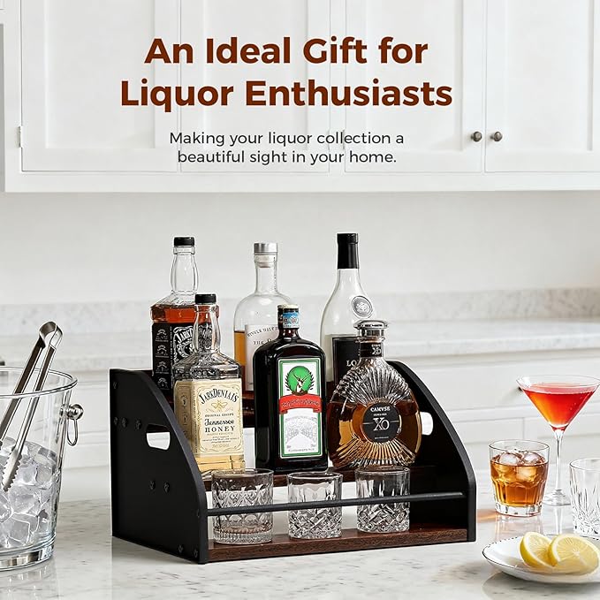 Liquor Bottle Display Shelf, 3 Tier Countertop Wine Rack, Coffee Syrup Rack Organizer Mini Bar Home, Whiskey Organizer with Handles, Retro Bar Shelf Stand for Liquor Spirits