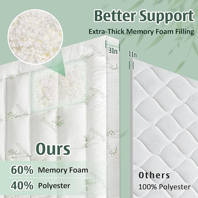 DOWNCOOL 3 Inch Memory Foam Mattress Topper King – Cooling Pillow Top Mattress Topper for Back Pain Relief, with Bamboo Viscose Air Layer, 1600 GSM Fill, Deep Pocket Fits 8–21 Inch
