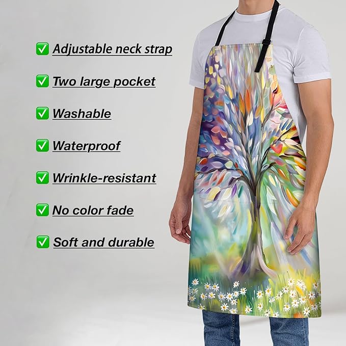 Oil Painting Tree Apron for Women, 28x33in, Kitchen Chef Aprons with 2 Pockets, Polyester, Colorful Abstract Tree Apron for Cooking BBQ Baking Gardening Chef, Gifts for Mom Wife Dad