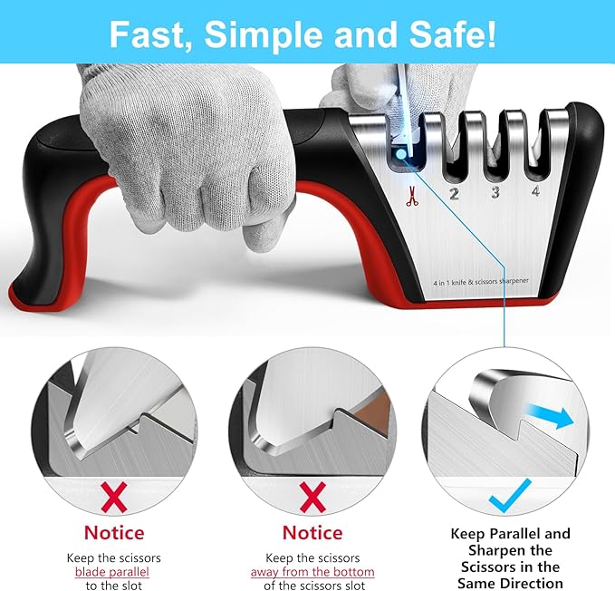 4-in-1 knife sharpener [4 stages], original quality polishing blade, the best kitchen tool for paring knives, steel knives and scissors - including a pair of anti-cutting gloves