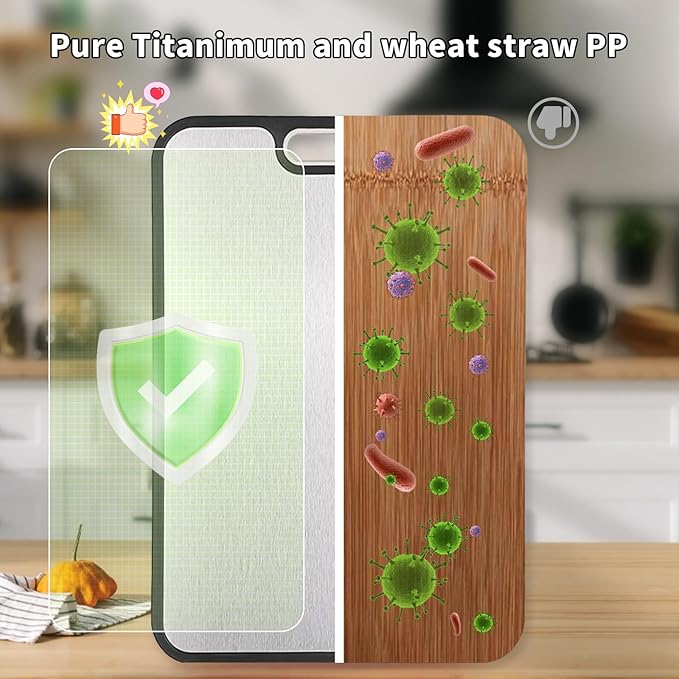 Cutting Boards for Kitchen, 2 in 1 Titanium Cutting Board, Food-Grade Double Sided Pure Titanium & Wheat Straw PP Chopping Board for Meat/Vegetables
