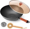 WANGYUANJI 12.6" Iron Wok with Lid, Flat Bottom Nonstick Wok Pan with Detachable Wooden Handle, Chinese Stir Fry Pan for Induction, Gas and Electric Stoves