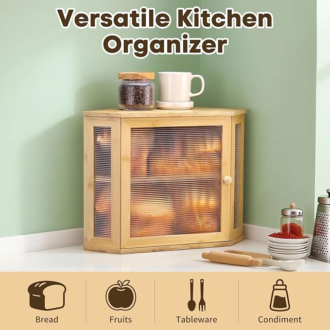 Corner Bread Box for Kitchen Countertop Bamboo Large Capacity Bread Storage Bin with Acrylic Wavy Door Panel,Bread Box Under Cabinet (Natural,Medium)