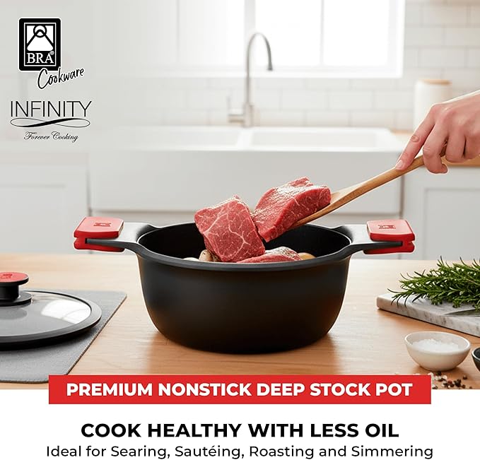 BRA COOKWARE Infinity Nonstick Stock Pot w/Glass Lid | 8 Inch 2.8 Quart Cast Aluminum Cooking Pot | PFOA/PFAS Free Deep Pot | All Cooktops (incl Induction) | Removable Silicone Handle