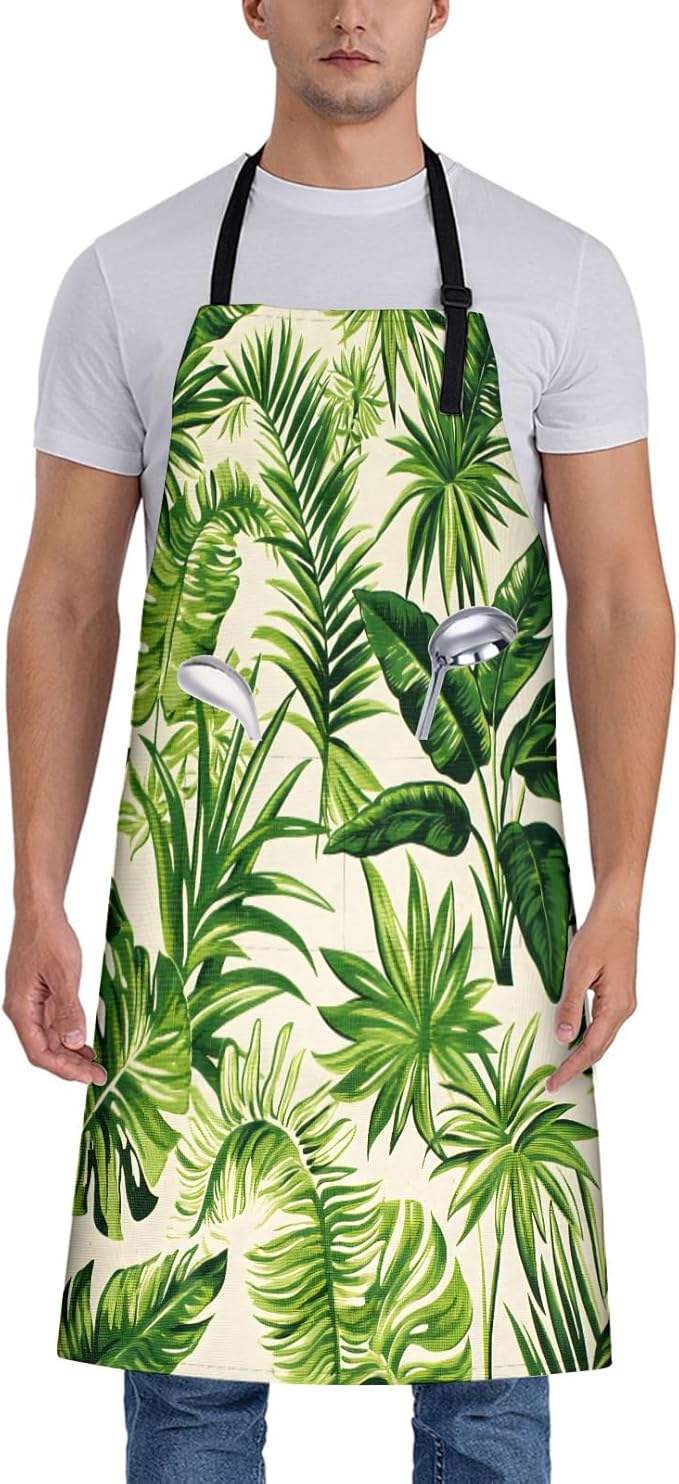 Green Apron for Women, 28x33in, Kitchen Chef Aprons with 2 Pockets, Polyester, Tropical Leaves Plant Apron for Cooking BBQ Baking Gardening Chef, Gifts for Mom Wife Dad
