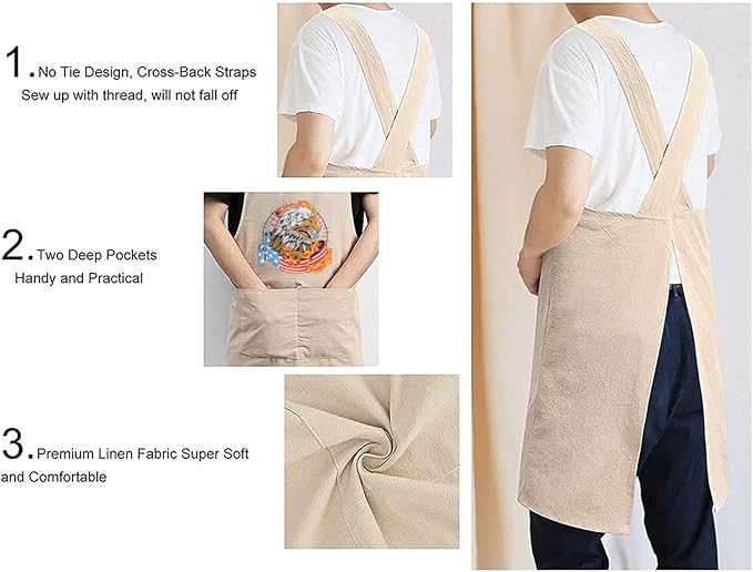 Cotton Linen Apron Non-tie Cross Back Kitchen Apron with Pockets Soft Comfortable Durable for Cooking Baking Gardening (Khaki)
