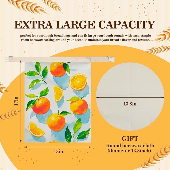 Beeswax Bread Bags for Sourdough 2 Pack 13"x17" Eco-Friendly Reusable Linen Cotton Storage Bags with Zipper Closure for Homemade Bread Fresh-Keeping, Freezer-Safe (Orange)