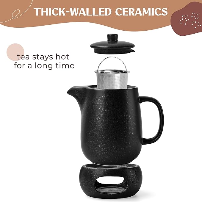 Teapot with Warmer Set, 1.2 L, Ceramic Teapot with Strainer Insert and Candle Warmer, Tea Pot, Teapot with Ceramic Warmer