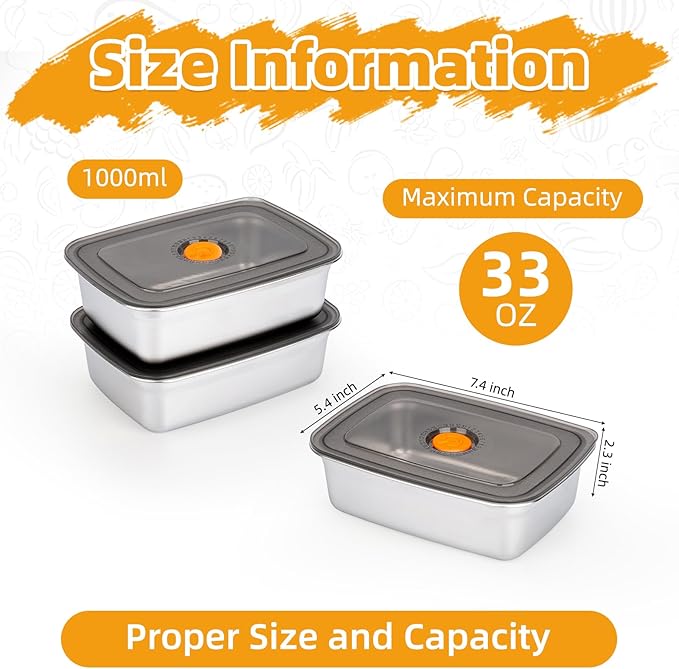 3 PCS Stainless Steel Food Storage Containers(33oz) with Lids Leak Proof & Airtight | Stainless steel freezer Containers,Airtight Bento Lunch Box,For Meal Prep,Fruit,Snack,Freezer