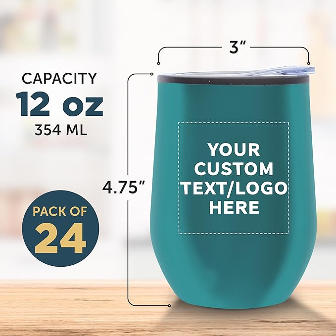 Custom Stemless Wine Tumblers 12 oz. Set of 24, Personalized Bulk Pack - Insulated, Perfect for Wine, Cocktails, Other Hot & Cold Beverages - Teal