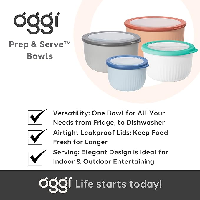 Oggi Prep, Store & Serve Plastic Bowl w/See-Thru Lid- Dishwasher, Microwave & Freezer Safe, (4 qt) Blue w/Dk Blue Lid