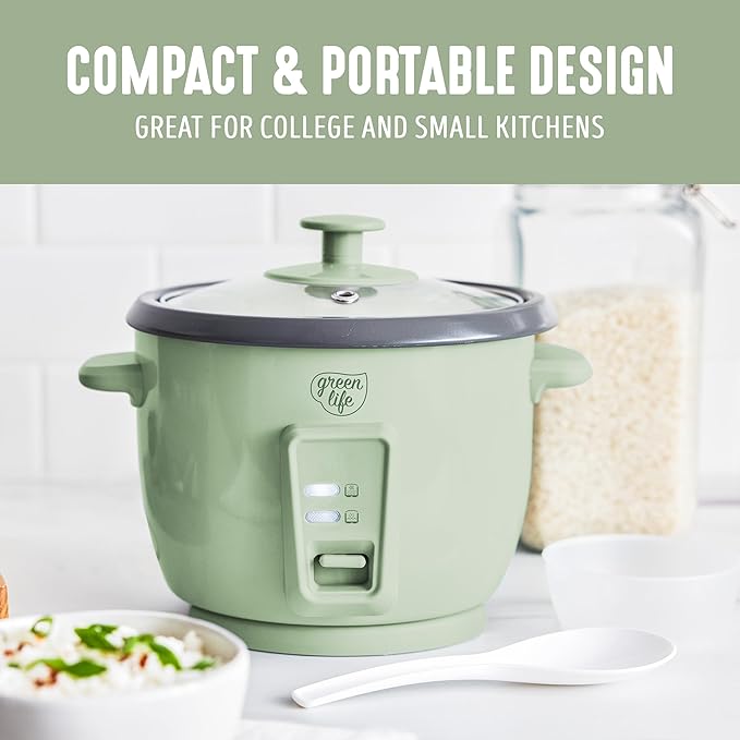 GreenLife Rice Cooker with Removable PFAS-Free Nonstick Pot, 3-Cups Uncooked/6-Cups Cooked, One-Switch Design, Auto Keep Warm Function, Soup, Grains, Oatmeal, Wood Handle, Sage Green