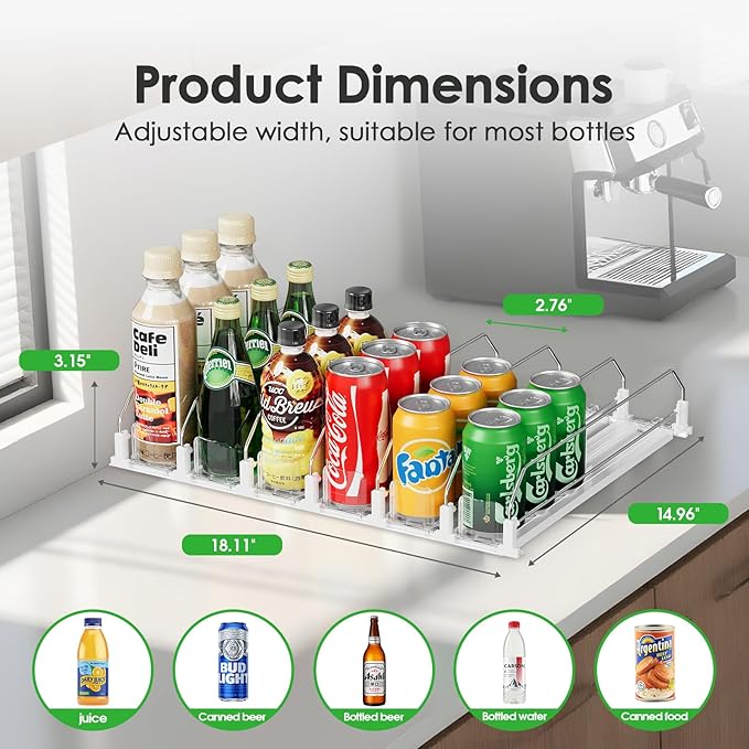 HIYOHIYO 6 Row Auto-Push Soda Can Organizer for Refrigerator, Automatic Pushing Drink Dispenser for Fridge, Self Push Beverage Rack, Drink Organizer Holds up to 30 Cans, Adjustable Width (Depth 15")