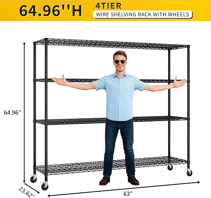 Karl home 4-Tier Adjustable Metal Storage Shelves, Wire Shelving Unit with Wheels & Leveling Feet, Heavy Duty Garage Shelving, Pantry & Kitchen Display Shelf Organizer, Home Storage Rack