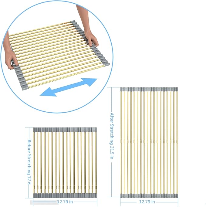 Expandable Large Draining Rack, Roll Up Heat-Resistant Dish Drainer for Stainless Steel Sinks, Collapsible Over The Sink Rack Non-Slip Silicone Rolling Up Rack Gold 18 Tube