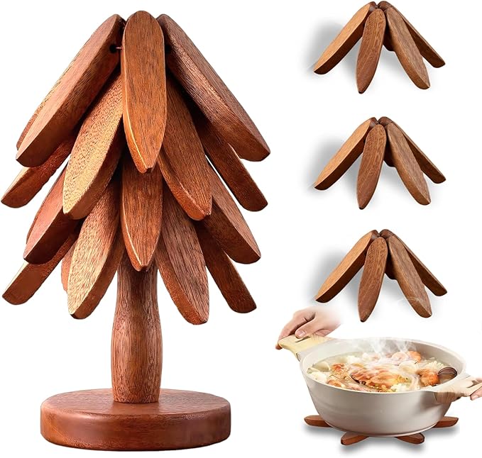 Wooden Trivets for Hot Dishes, Tree Shape Trivet Set, 4 Walnut Wood + 1 Stand stored Like a Christmas Tree,Foldable Kitchen Wooden Trivet,for Hot Dishes、Pot、Bowl、Teapot、Hot Pot Holder(Walnut Wood)