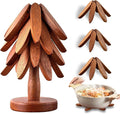Wooden Trivets for Hot Dishes, Tree Shape Trivet Set, 4 Walnut Wood + 1 Stand stored Like a Christmas Tree,Foldable Kitchen Wooden Trivet,for Hot Dishes、Pot、Bowl、Teapot、Hot Pot Holder(Walnut Wood)