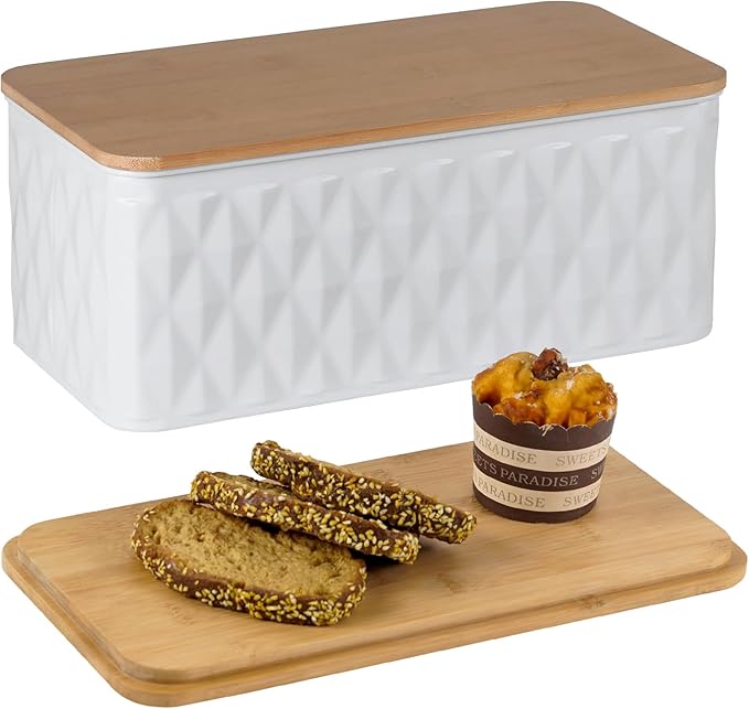 Large Bread Box for Kitchen Countertop Corner Breadbox for Homemade Bread Metal White Diamond Pattern Embossed Bread Storage Container Bin with Bamboo Lid