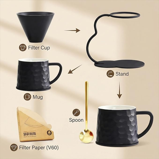 Pour Over Coffee Maker set,Ceramic Coffee Maker With V60 40 pcs Paper Filter，Metal Stand 9oz 270ml mug Pour Over Coffee Dripper black