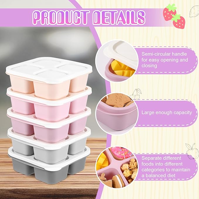Honeydak 5 Pack Snack Containers 4 Compartment Bento Snack Boxes Reusable Lunchable Containers with Lids Divided Meal Prep Lunch Food Storage Box for School Work Travel(Gray and Pink Ombre,Equal)