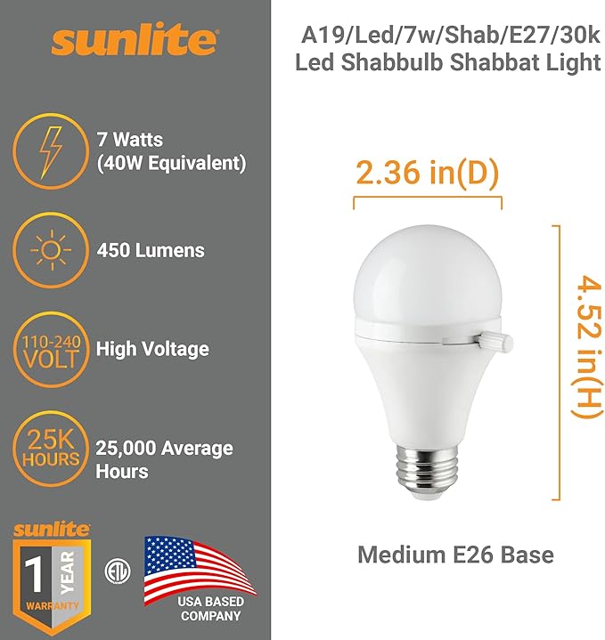 Sunlite ShabBulb, Shabbat Permissible LED Light Bulb, 7 Watt (40 Watt Equivalent) 3000K Warm White, 4 Pack
