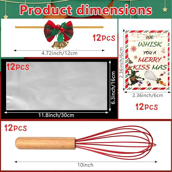 12 Sets Christmas Whisk Gifts DIY Fillable Christmas Whisk Baking Supplies Includes Stainless Steel Whisks, Greeting Cards, Ribbons, Plastic Bags for Employee Cooking Supplies Xmas Stocking Stuffers
