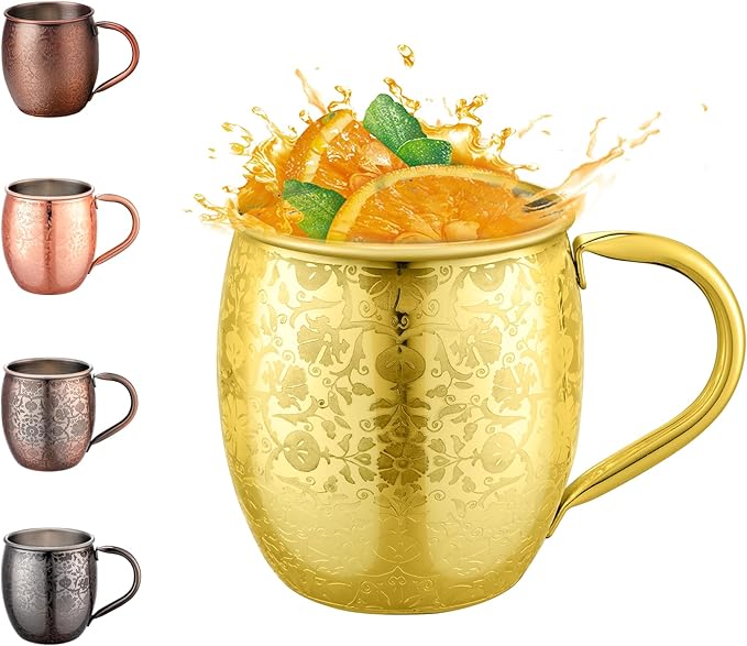 Moscow Mule Mugs - 18 Oz Copper-Plated Fine Craftsmanship Etched Mugs,304 Stainless Steel-Lined Mule Cups,For Cold Drinks, Beer, Wine, Bars, Parties