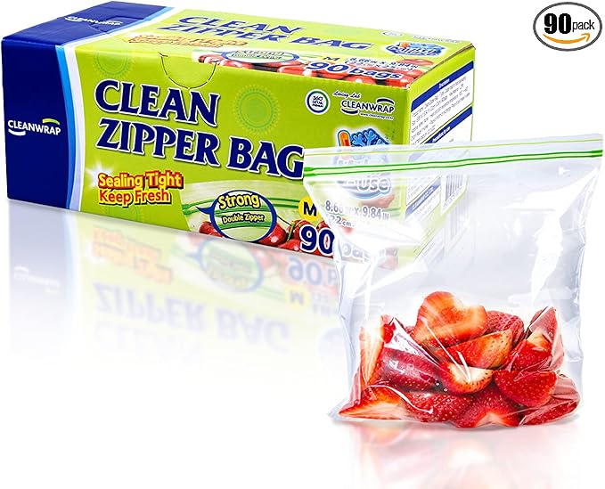 Clean Zipper Bag Medium 90 Bags, LDPE, BPA FREE, Food Storage Bags, Freezer Bags