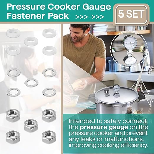 5 Sets Pressure Cooker Gauge Fastener Pack 82248 Fit for Presto Pressure Canner Steam Gauge 85772 82237 82121 - Gauge Gasket Replacement Parts Including Rubber Gasket, Stainless Steel Nut and Washer
