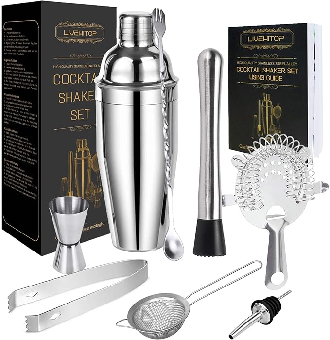 LIVEHITOP Cocktail Shaker Set, Stainless Steel Bartending Kit with 25 oz Martini Shaker, Jigger, Strainer, Mixing Spoon, Muddler, Recipe, Professional Bar Tools Gifts for Him Her
