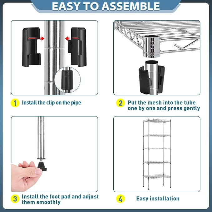 5-Shelf Storage Shelves Metal Shelving Unit NSF Garage Storage Rack Adjustable Wire Shelves Organizer for Kitchen Closet Basement, 750 Lbs Capacity, 16.7" L × 11.8" W × 47.6" H, Sliver