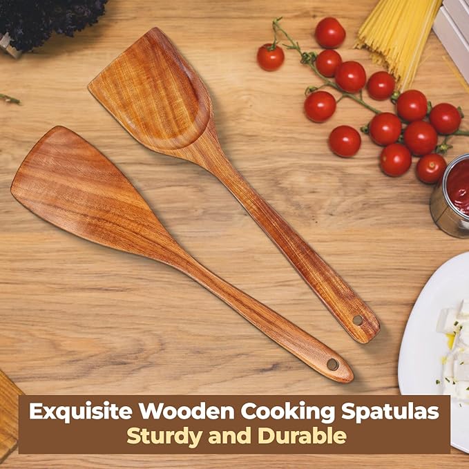 Handcrafted Teak Wood Spatula Set, 2Pcs Wooden Spatulas for Cooking with Long Handles, Perfect for Stir-frying and Flipping Eggs, Kitchen Utensils Set for Cooking Lover