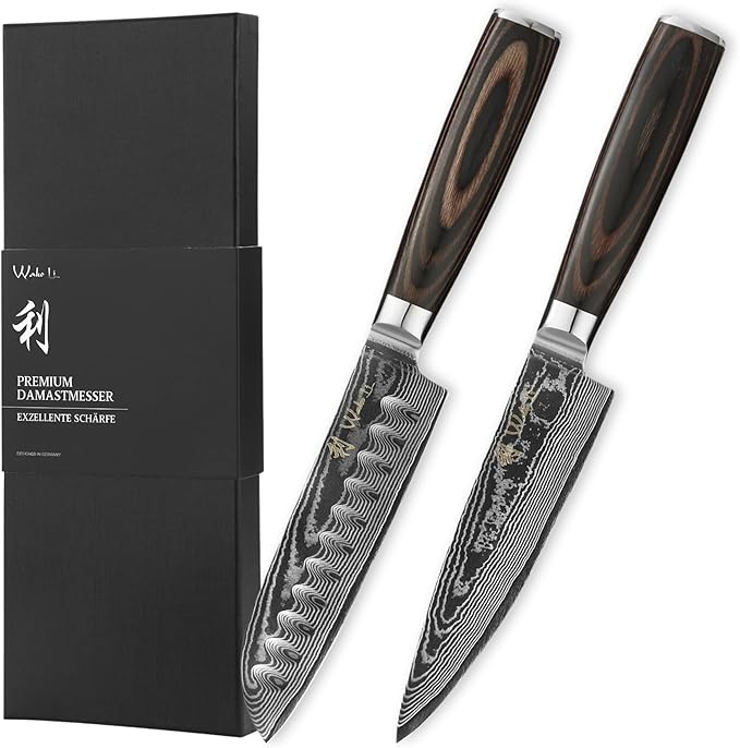Wakoli EDIB Essentials 2-Piece Damascus Kitchen Knife Set – Chef Knife & Santoku Knife with VG10 Core made of 67-Layer Damascus Steel Blades – Professional Kitchen Knives with Pakkawood Handles