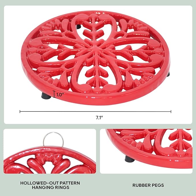 JOGREFUL Cast Iron Trivet Mats, Kitchen Pot Holders to Portect Table/Countertops, Heat Resistant Mats for Teapot/Hot Dishers/Plates, Vintage Mats with Weighted-Base, Mistletoe Pattern, Red
