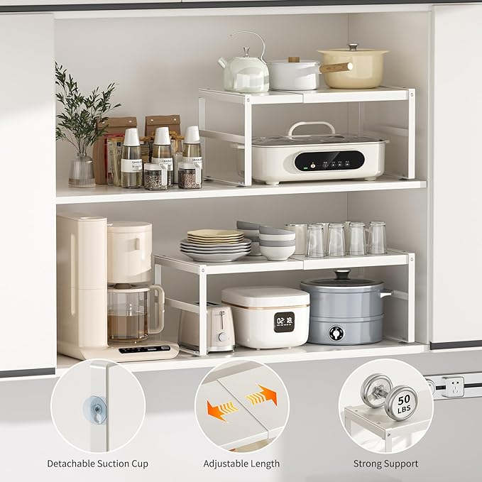 Expandable Kitchen Organizers Storage, Metal Cabinet Organizer Riser Rack for RV,Kitchen, Pantry, Cupboards, Under Sink and Counter Storage,Office,Adjustable Spice Rack,White