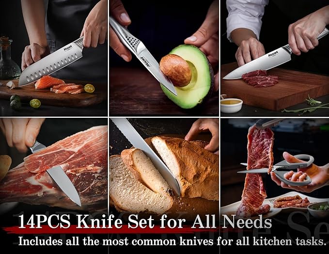 Huusk Knife Set with Block and Sharpener, 14 Pcs Japanese Stainless Steel Kitchen Knife Sets Dishwasher Safe, Sharp Silver Professional Knives Set with Box for Kitchen, Christmas Gifts for Men Women