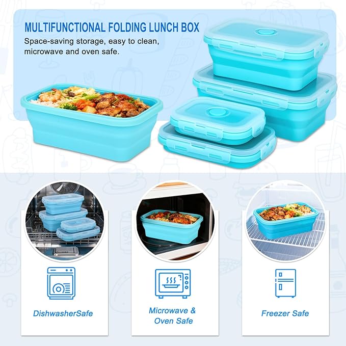 4 Set Collapsible Food Storage Containers Silicone Lunch Container with Lids Collapsible Lunch Box Food for Camper Leftovers Snacks Meals Dorm Kitchen Microwave Dishwasher and Freezer Sky Blue
