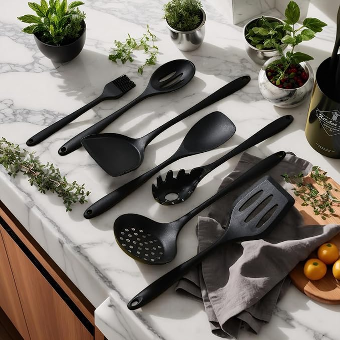 Silicone Kitchen Utensils Set - 15 Pieces Non Toxic Silicone Utensils Set For Cooking，428°F Heat Resistant Food Grade Kitchen Tools，Dishwasher Safe (Black, 15 Piece Set)