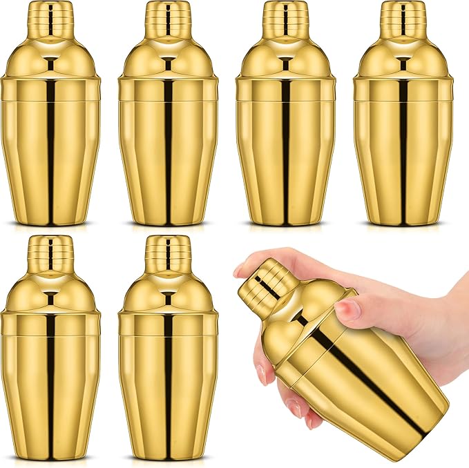 Nitial 6 Pcs Bar Cocktail Shaker Professional Stainless Steel Martini Drink Mixer Built-in Strainer for Bartending No Leaks Shaker for Bar Party Drink Mixer (Gold,8 oz)