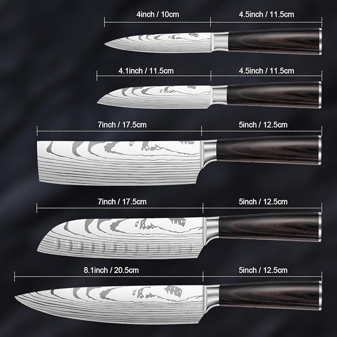 5-Piece Premium Japanese Kitchen Knife Set - Imperial Collection, Laser Damascus Pattern, 440A Stainless Steel Ultra Sharp for Fast Cutting (Redwood 5A)